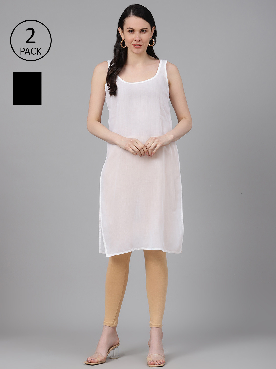 ADA Women Black and White Pack of 2 Solid Handloom Slips