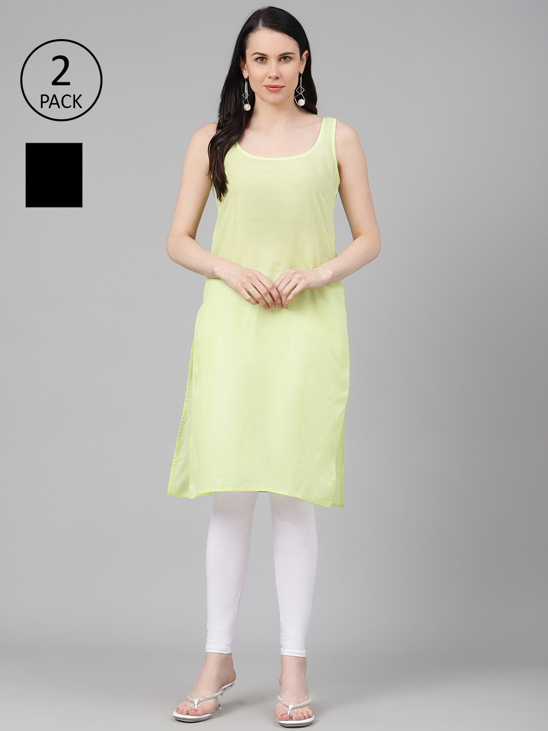 ADA Women Black & Lemon Yellow Pack of 2 Pure Cotton Solid Handloom Slips