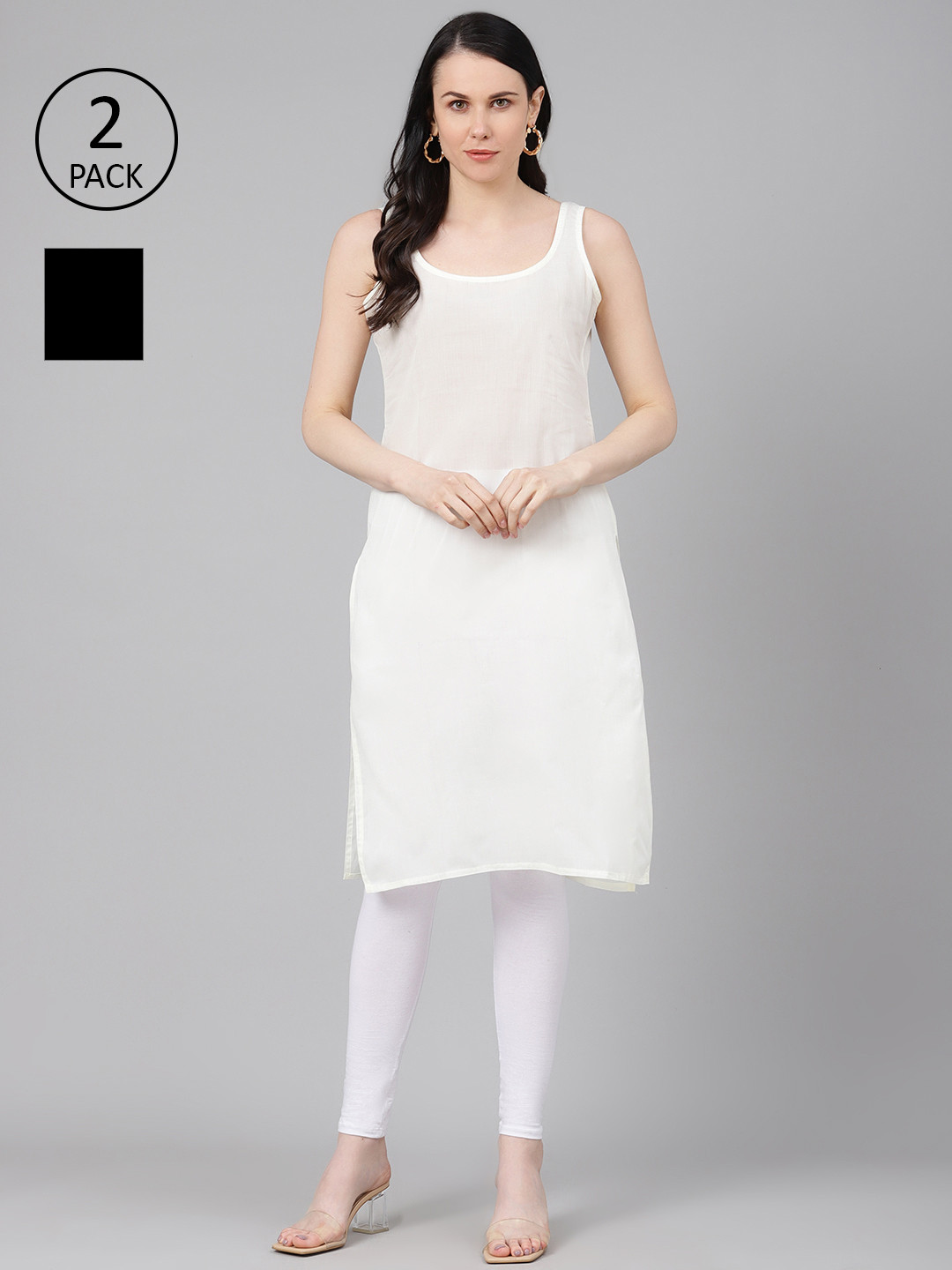 ADA Women Black and Cream Pack of 2 Pure Cotton Solid Sustainable Handloom Slips