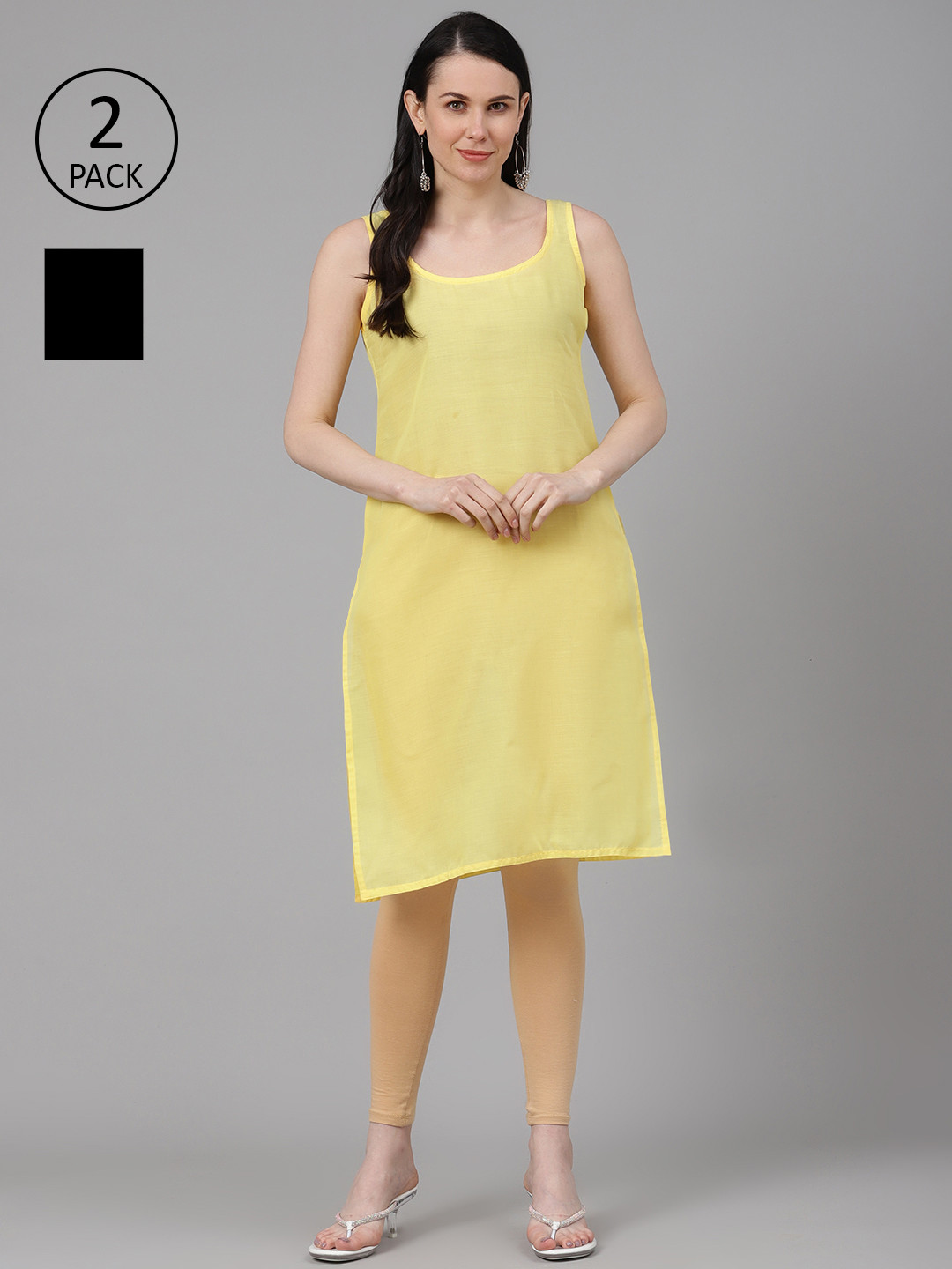 ADA Women Black and Yellow Pack of 2 Pure Cotton Solid Handloom Slips