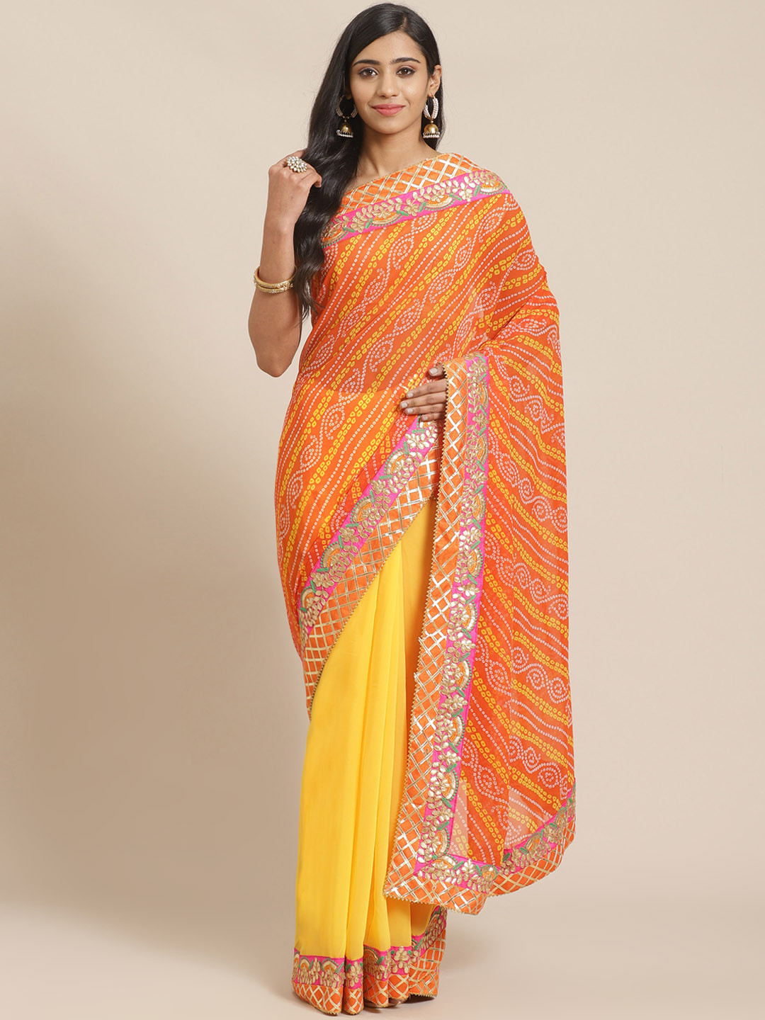 Mitera Orange & Yellow Half & Half Bandhani Printed Saree