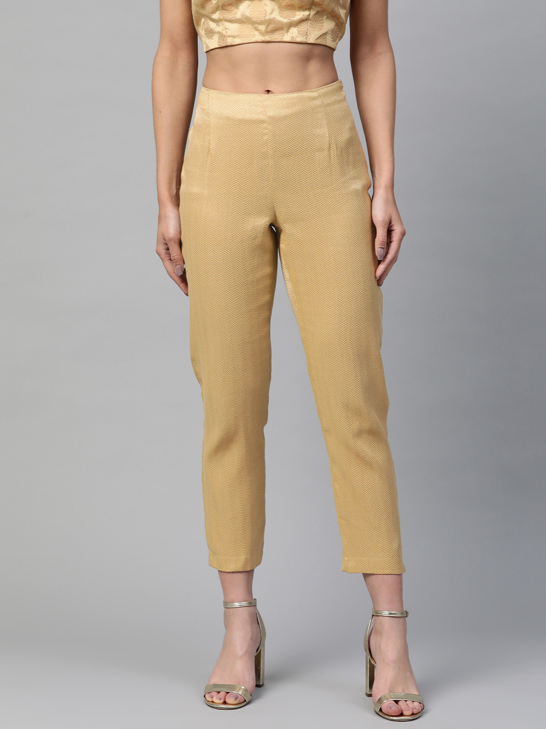 W Women Golden Slim Fit Self Design Cropped Cigarette Trousers