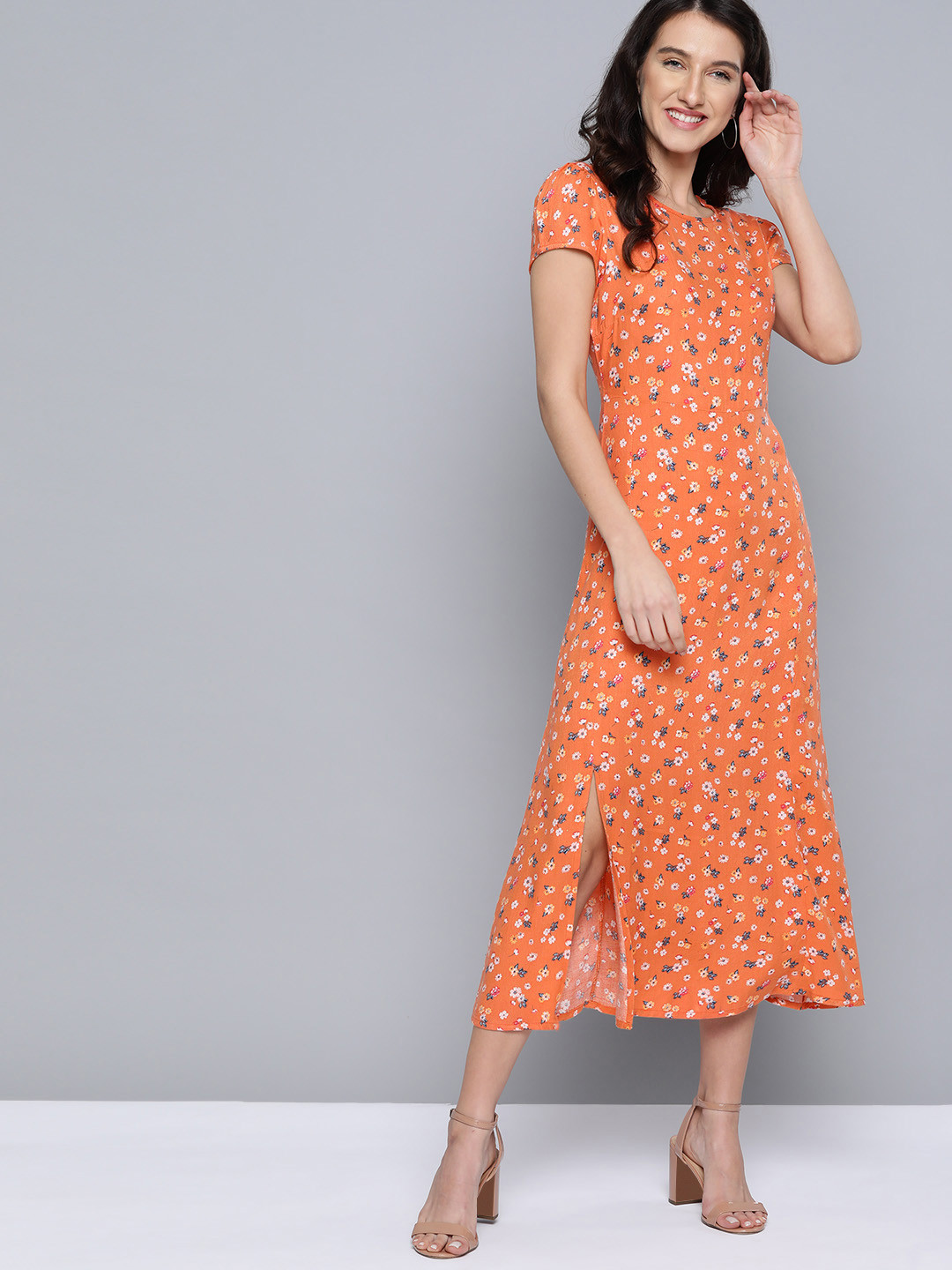 Mast & Harbour Women Coral Orange & White Floral Printed A-Line Dress
