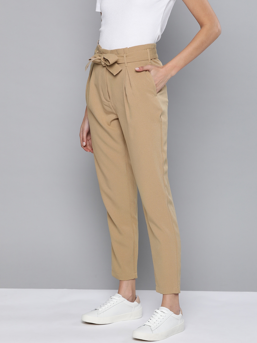 Buy Broadstar Women Beige High-Rise Flared Trousers, Bootcut Trousers, Stretchable Trousers