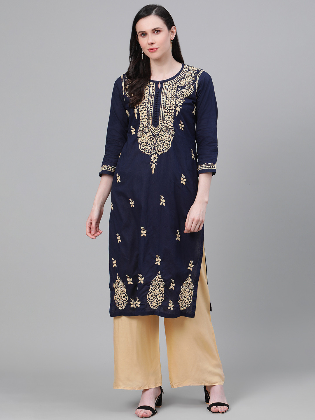 ADA Women Navy Blue & Beige Chikankari Hand Embroidered Cotton Straight Sustainable Handloom Kurta