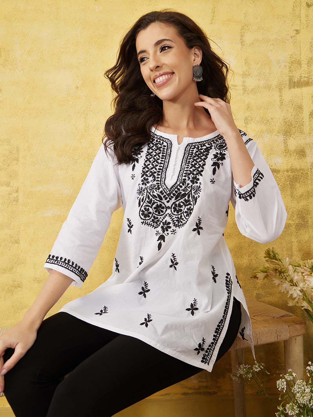 ADA Women White & Black Pure Cotton Chikankari Embroidered Straight  Kurti