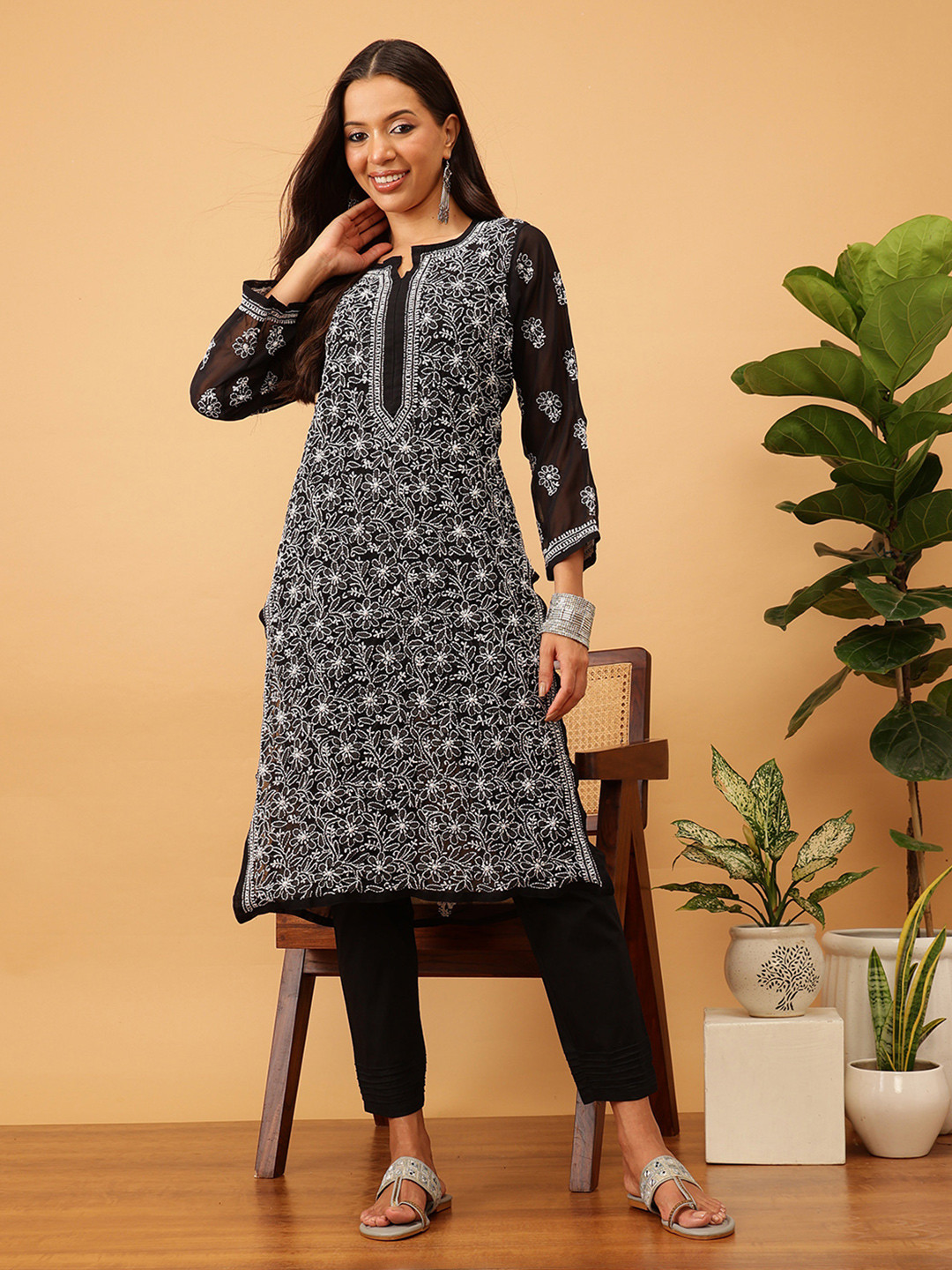 ADA Women Black & White Chikankari Embroidered Sustainable Kurta with Trousers