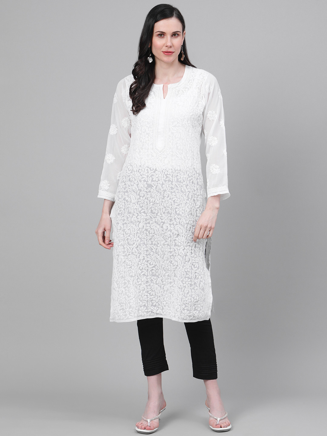 ADA Women White & Black Chikankari Embroidered Sustainable Handloom Kurta with Trousers