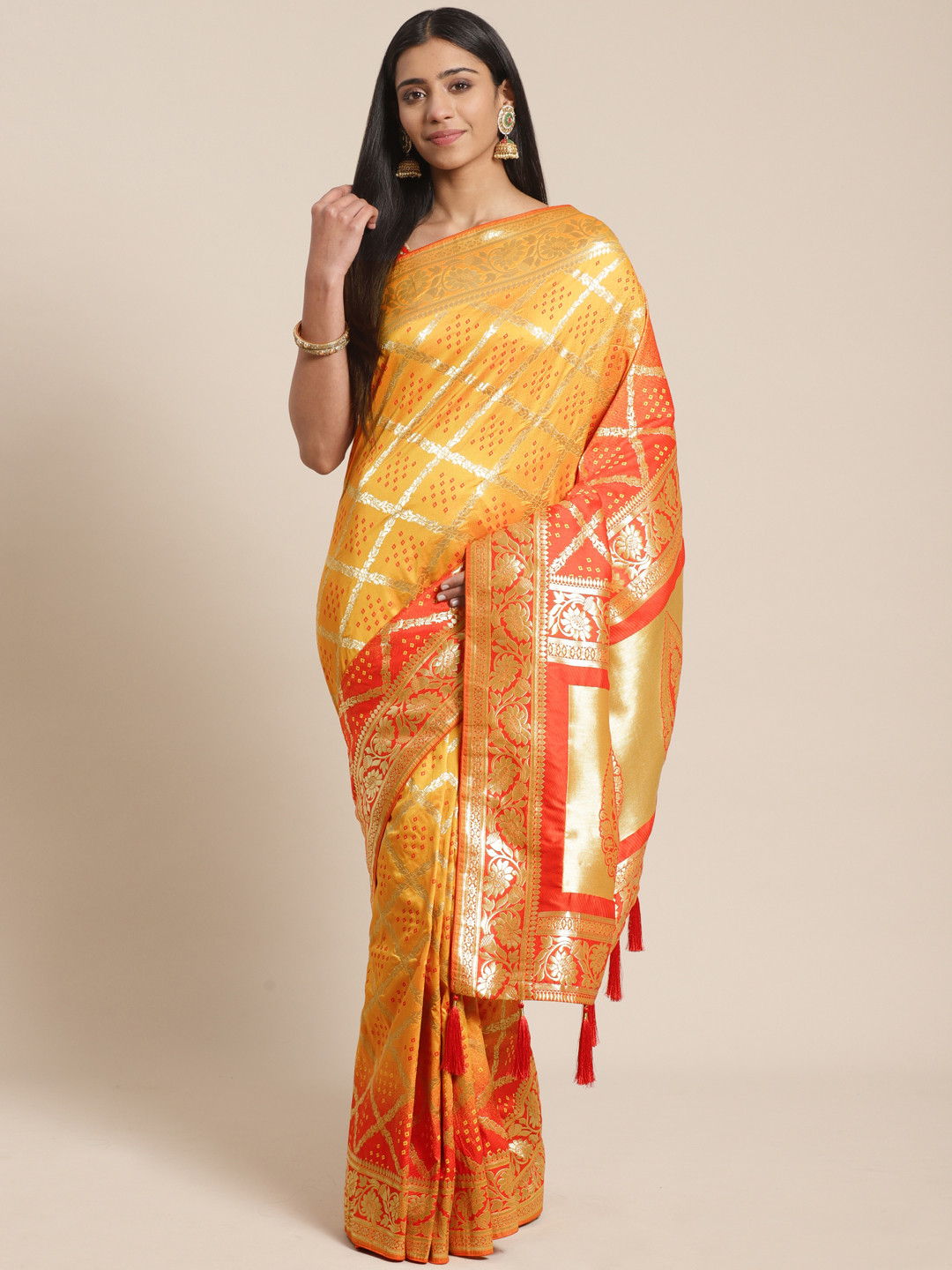 MANOHARI Mustard Yellow & Red Woven Design Banarasi Saree