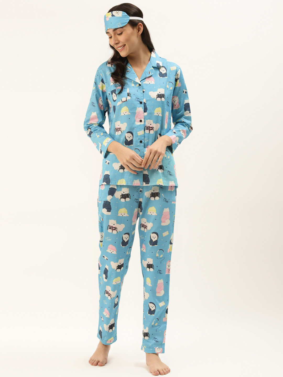 Rapra The Label Women Blue & White Pure Cotton Dog Print Night Suit with Eye Mask