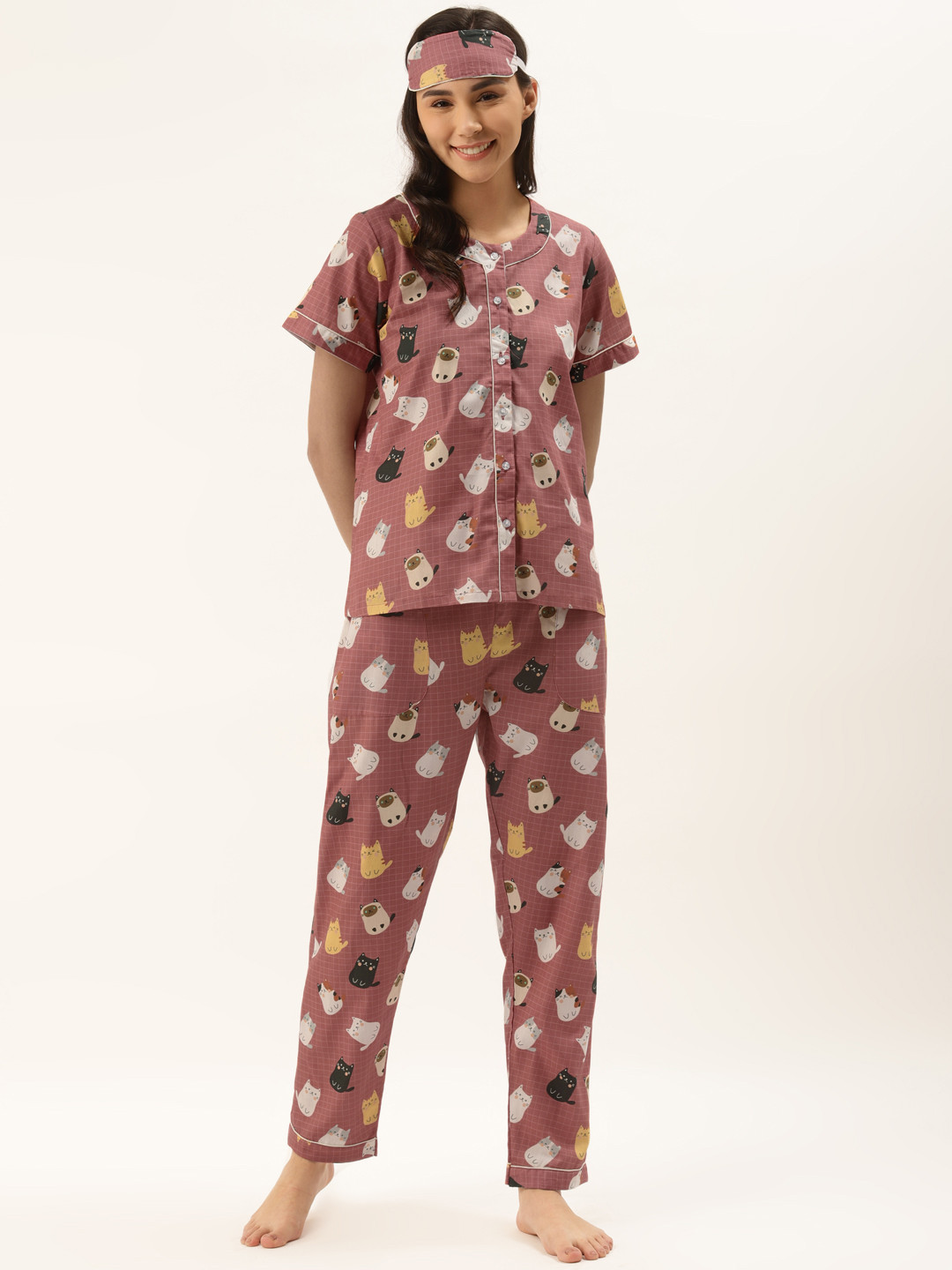 Rapra The Label Women Pink & Cream-Coloured Printed Pure Cotton Night Suit With Eye Mask