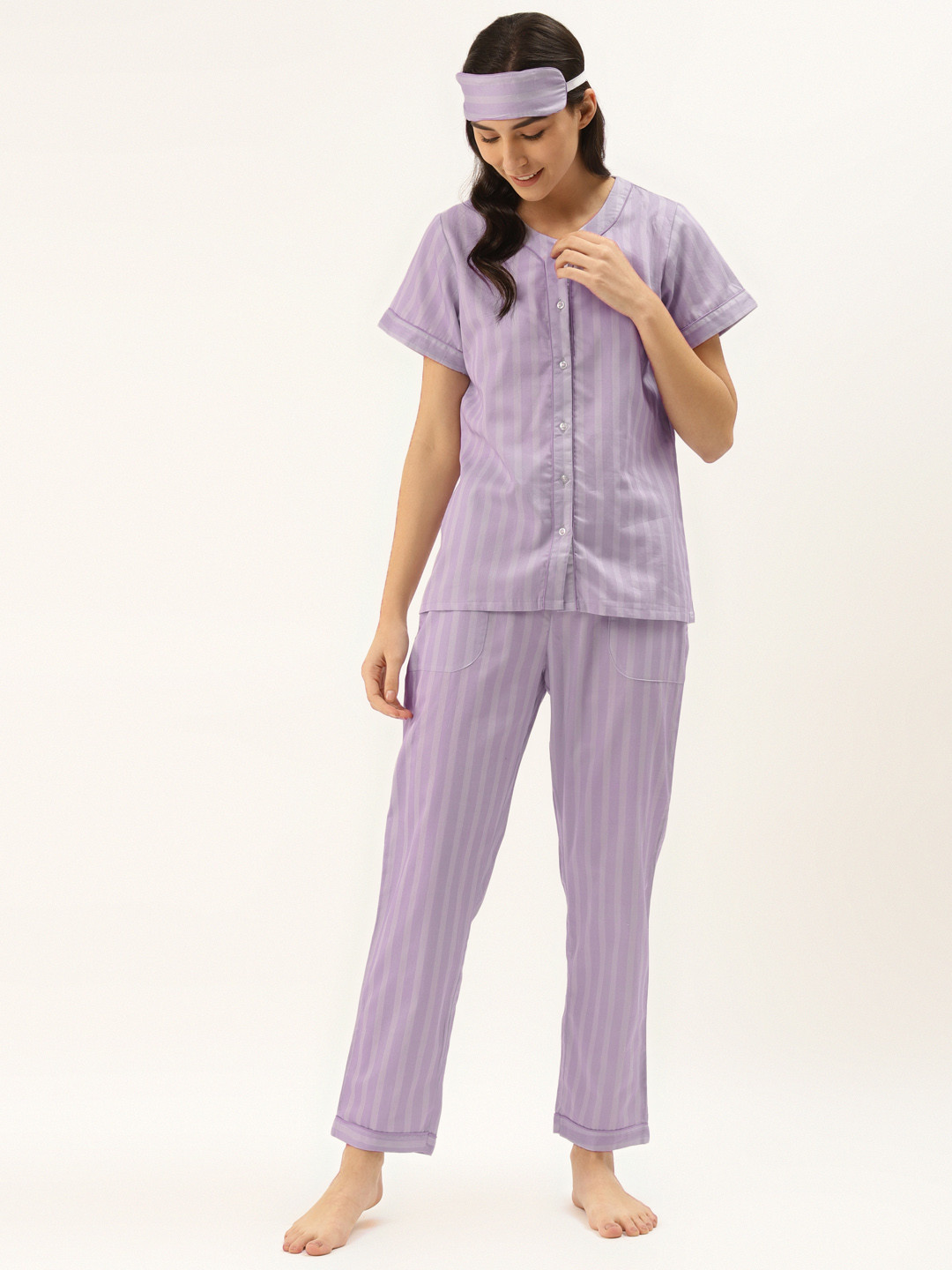 Rapra The Label Women Lavender Pure Cotton Striped Night Suit with Eye Mask