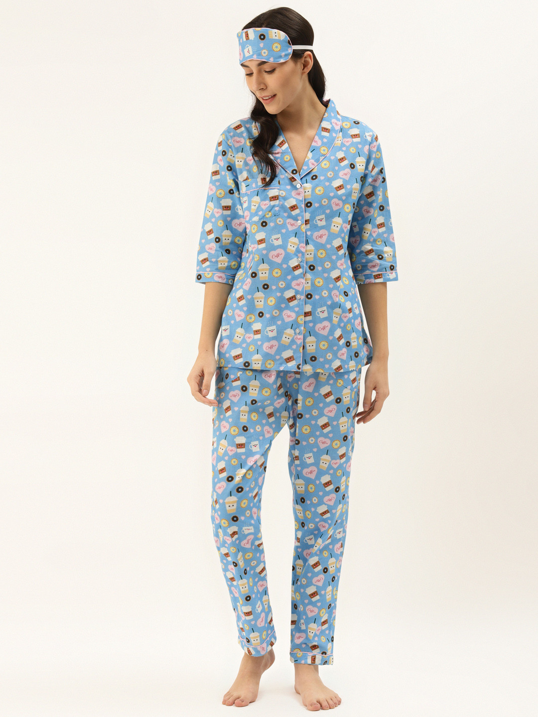 Rapra The Label Women Blue & White Pure Cotton Coffee Print Night Suit with Eye Mask
