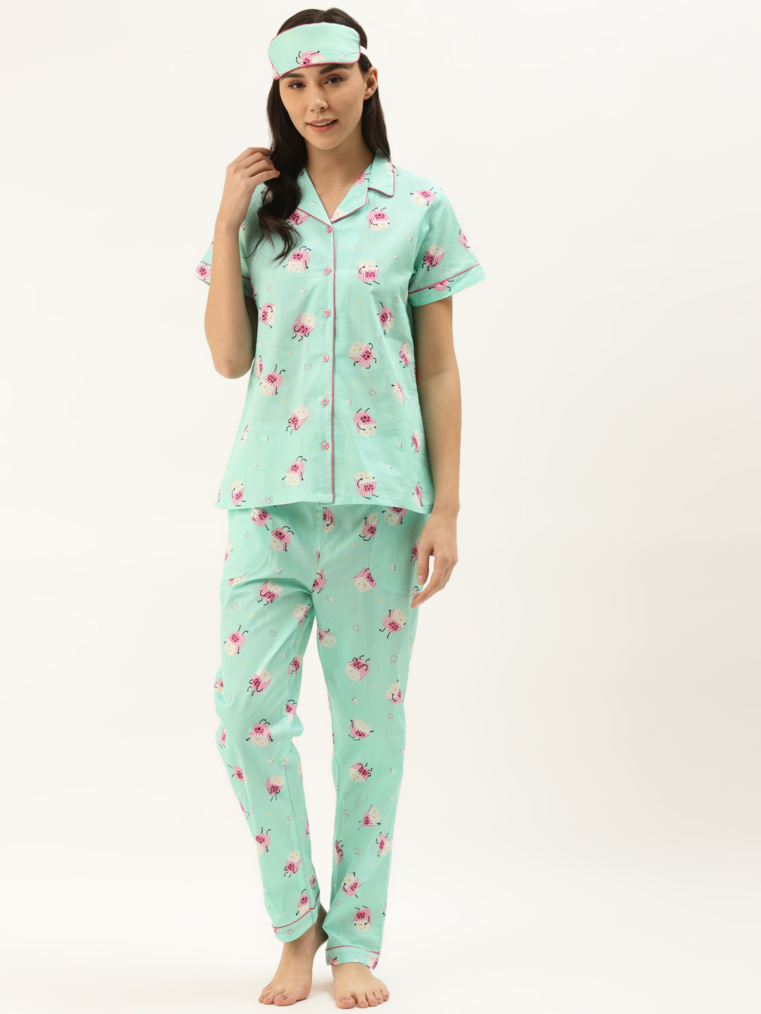 Rapra The Label Women Sea Green & Pink Printed Night suit