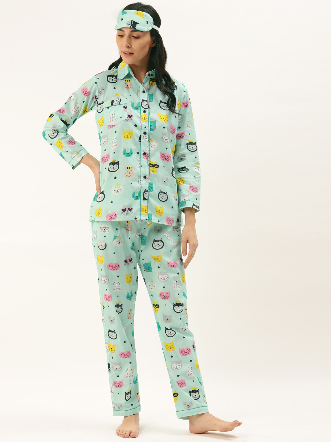 Rapra The Label Women Sea Green & Pink Kitty Printed Pure Cotton Night Suit With Eye Mask