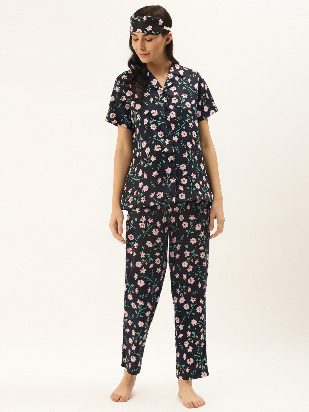 Rapra The Label Women Navy Blue & Pink Pure Cotton Floral Print Night Suit with Eye Mask