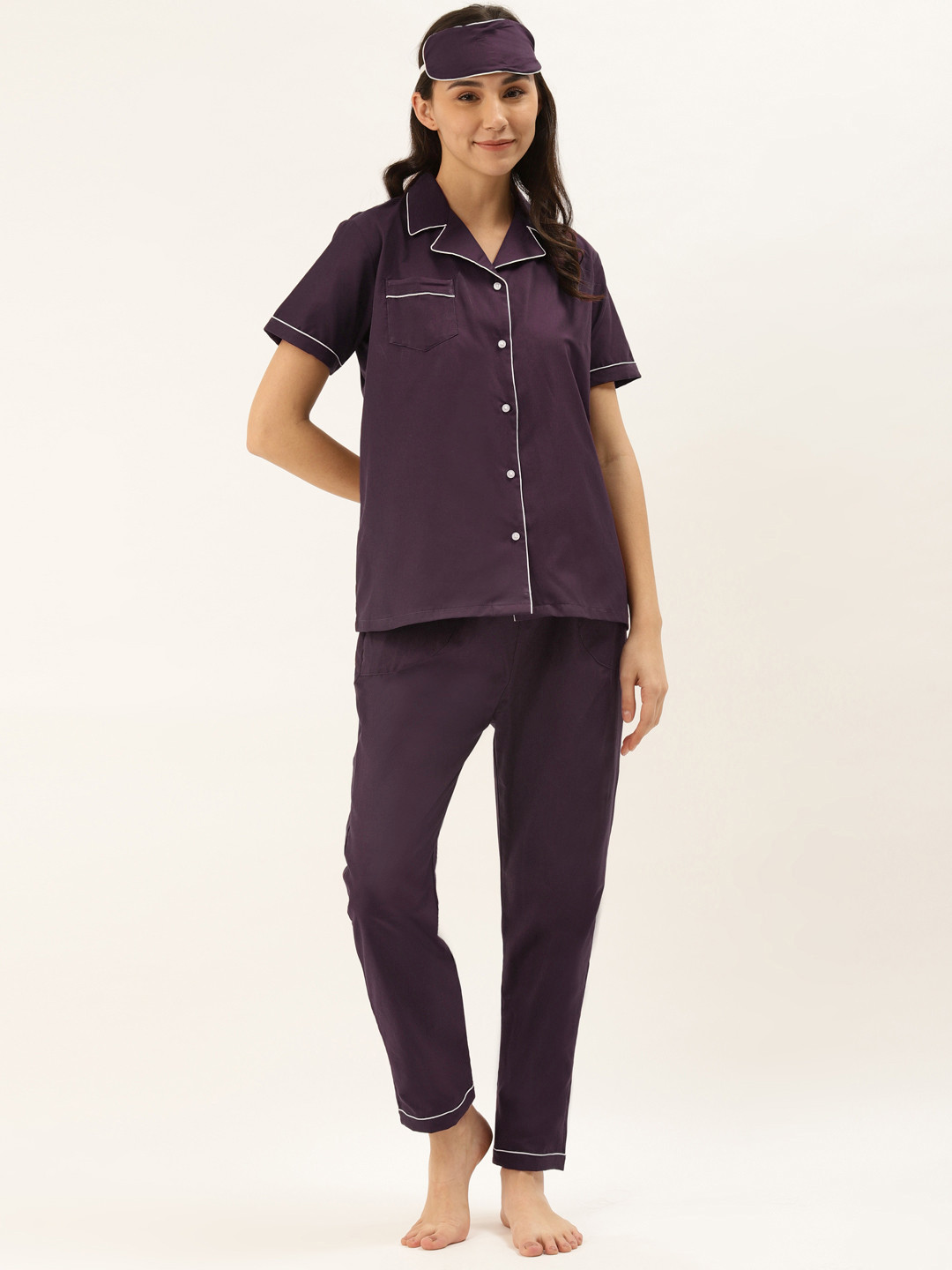 Rapra The Label Women Aubergine Solid Pure Cotton Night Suit With Eye Mask