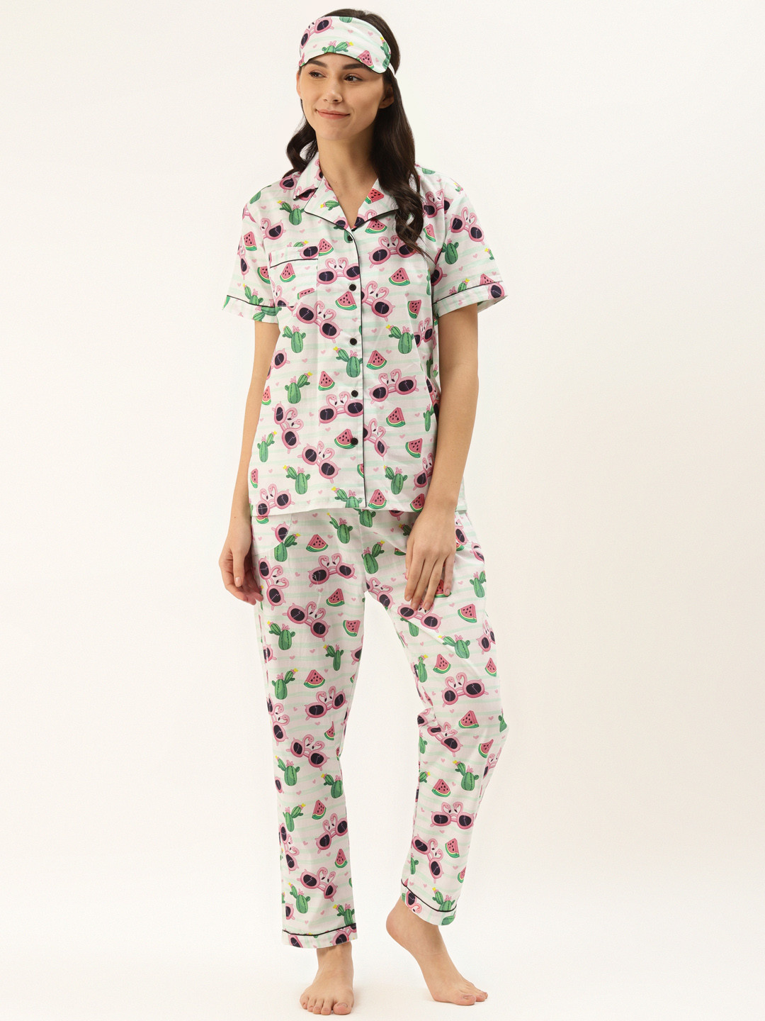 Rapra The Label Women White & Pink Quirky Printed Pure Cotton Night Suit With Eye Mask