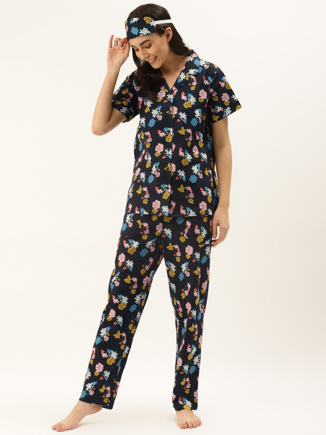 Rapra The Label Women Black & Blue Floral Printed Pure Cotton Night Suit With Eye Mask