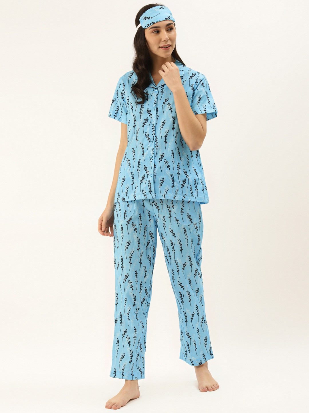 Rapra The Label Women Blue & Black Floral Printed Pure Cotton Night Suit With Eye Mask