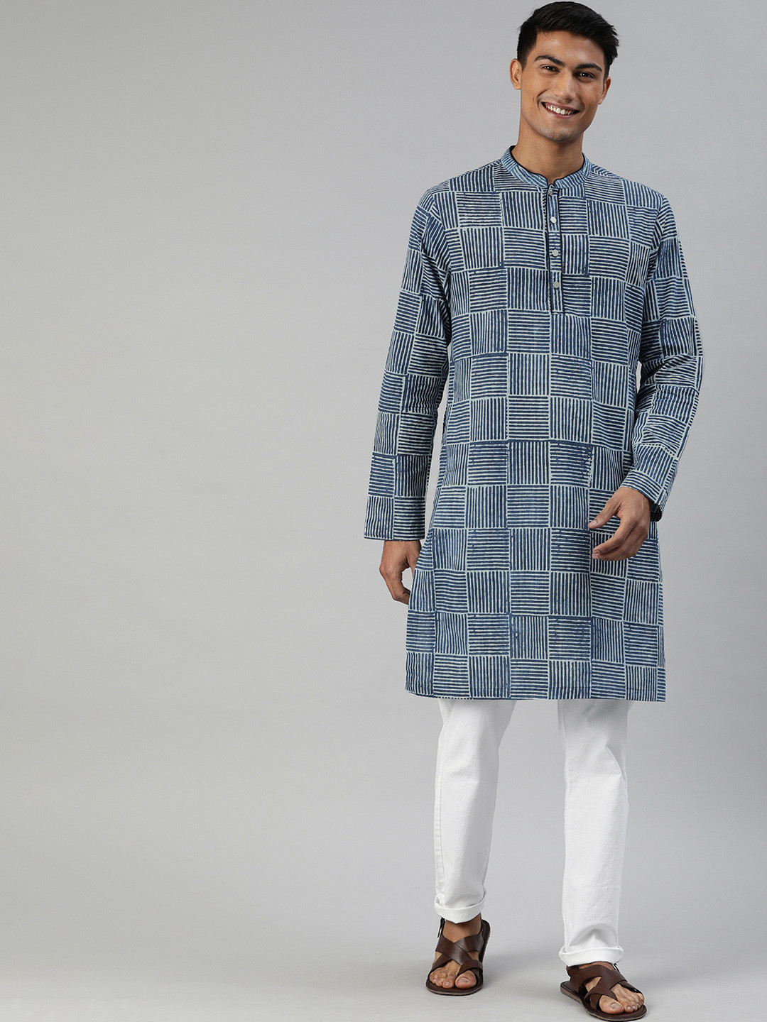 THE BEAR HOUSE Men Blue & White Printed Straight Cotton Kurta