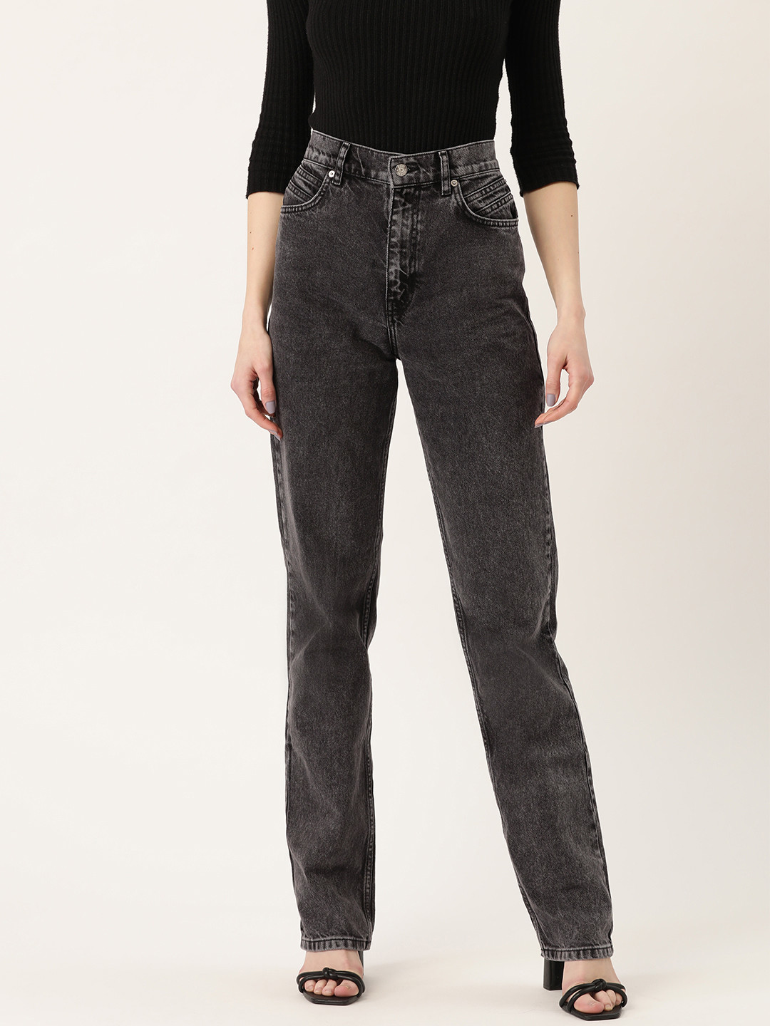 MANGO Women Sustainable Charcoal Grey Regular Fit High-Rise Pure Cotton Jeans