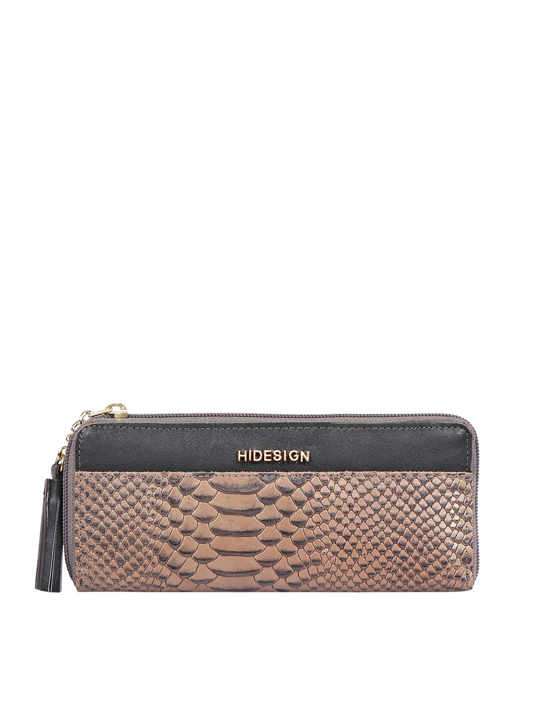 Hidesign Women Gold-Toned & Black Snakeskin Textured Leather Zip Around Wallet