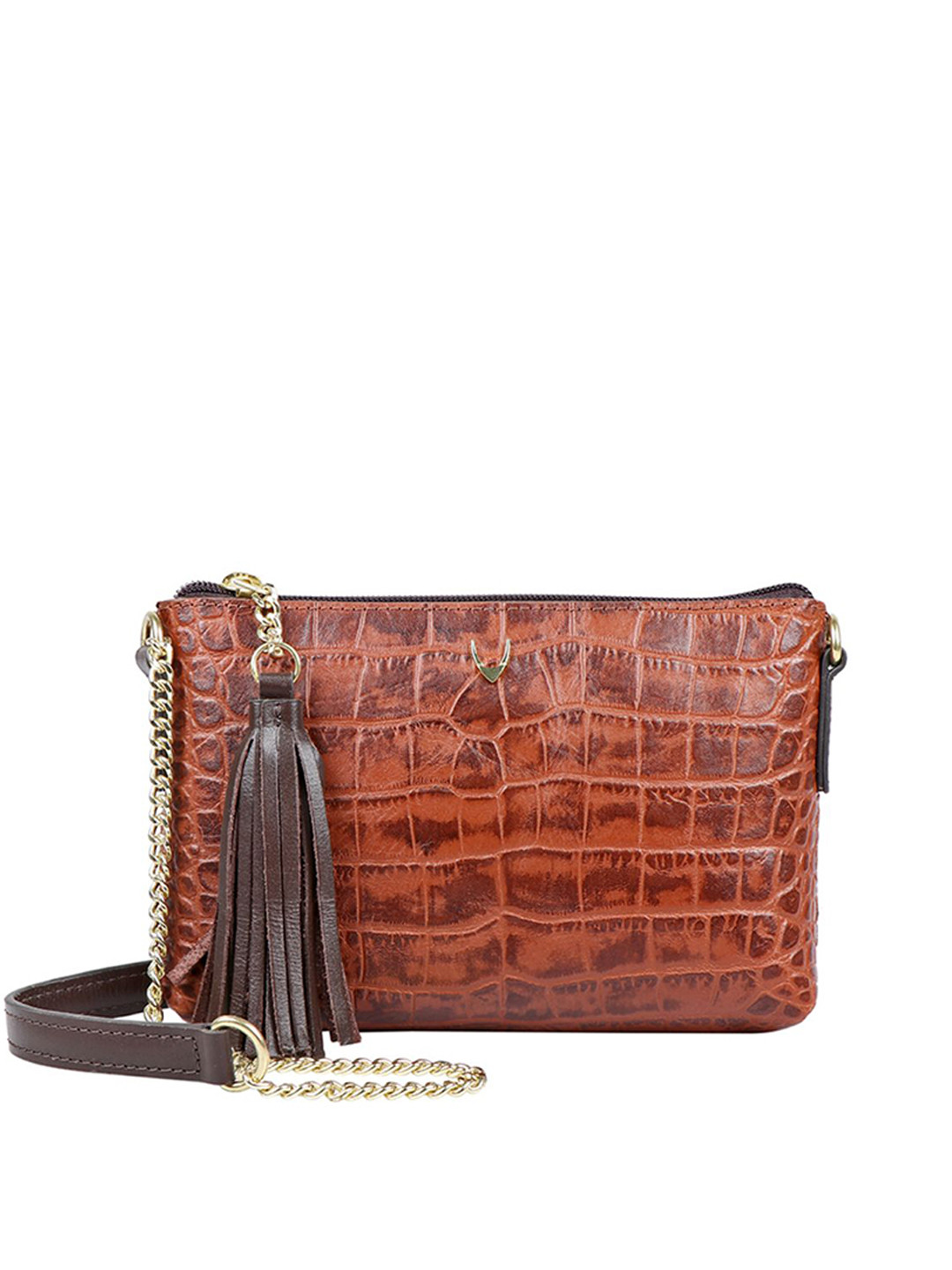 Hidesign Tan Brown Croc Textured Leather Sling Bag