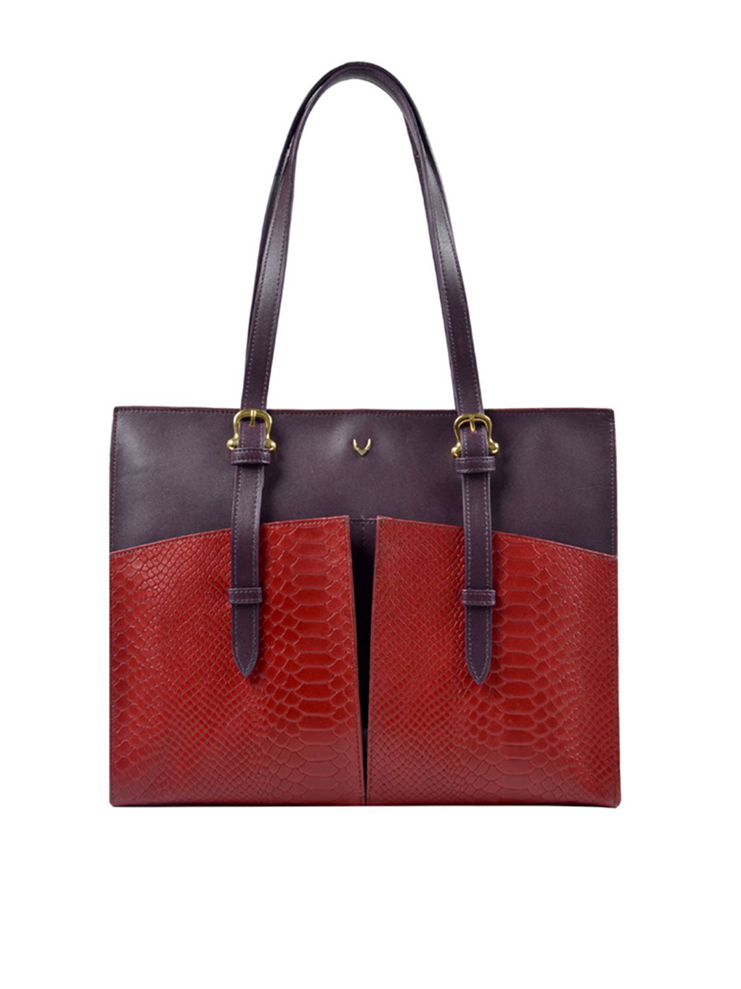 Hidesign Red & Coffee Brown EE VIRGO Colourblocked Snakeskin Textured Leather Shoulder Bag