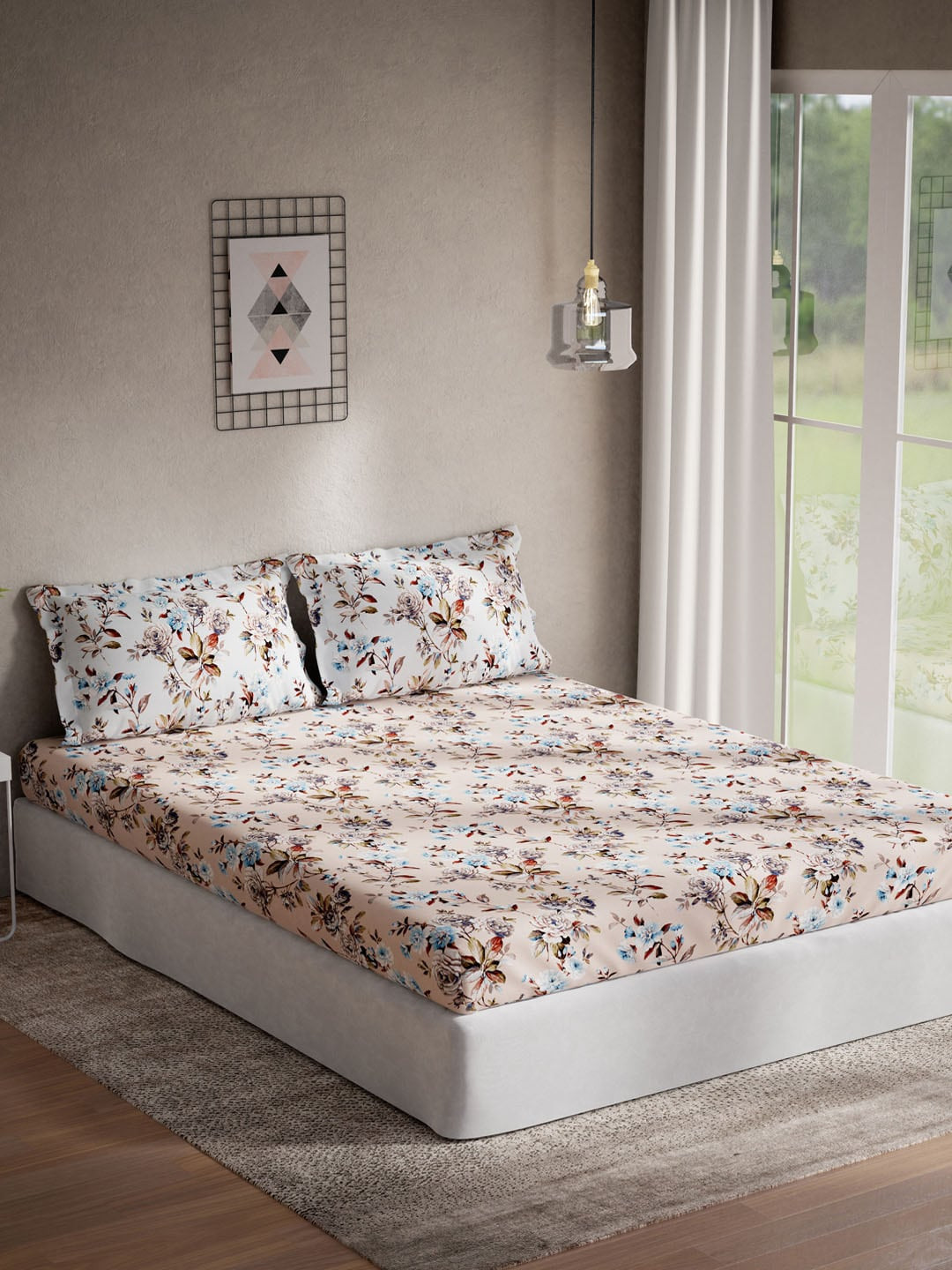 DDecor Live Beautiful Peach Floral Cotton 144 TC Queen Bedsheet with 2 Pillow Covers-59 x 87 inches