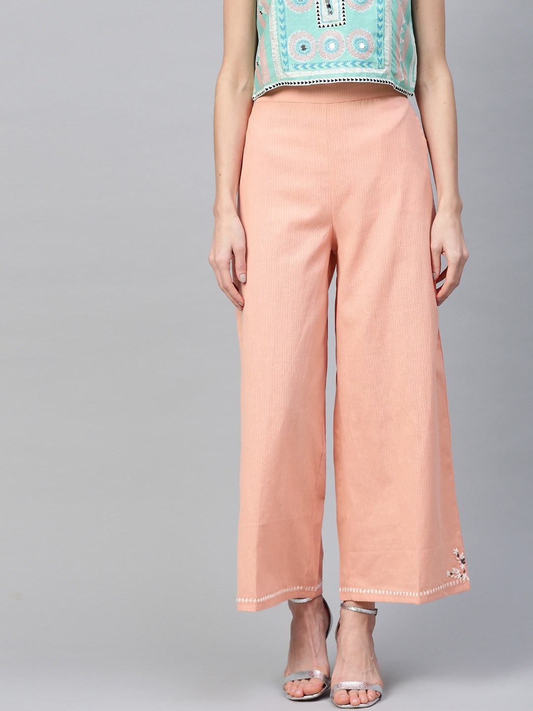 Buy Light Pink Shantung Printed Parallel Pants Online - W for Woman