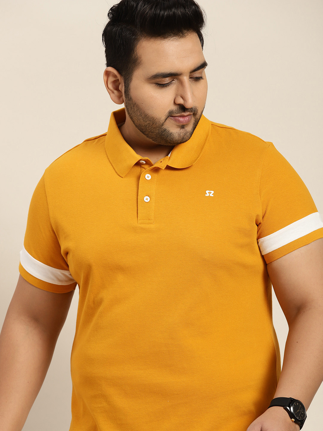 Sztori Men Plus Size Mustard Yellow Solid  Cotton Polo Collar T-shirt