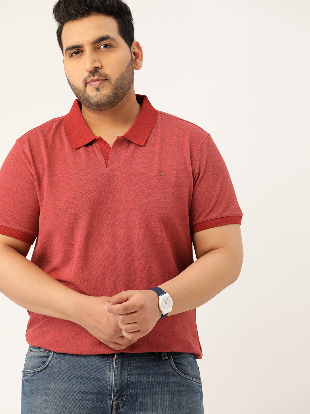 Sztori Men Plus Size Rust Red Solid Spread Collar T-shirt