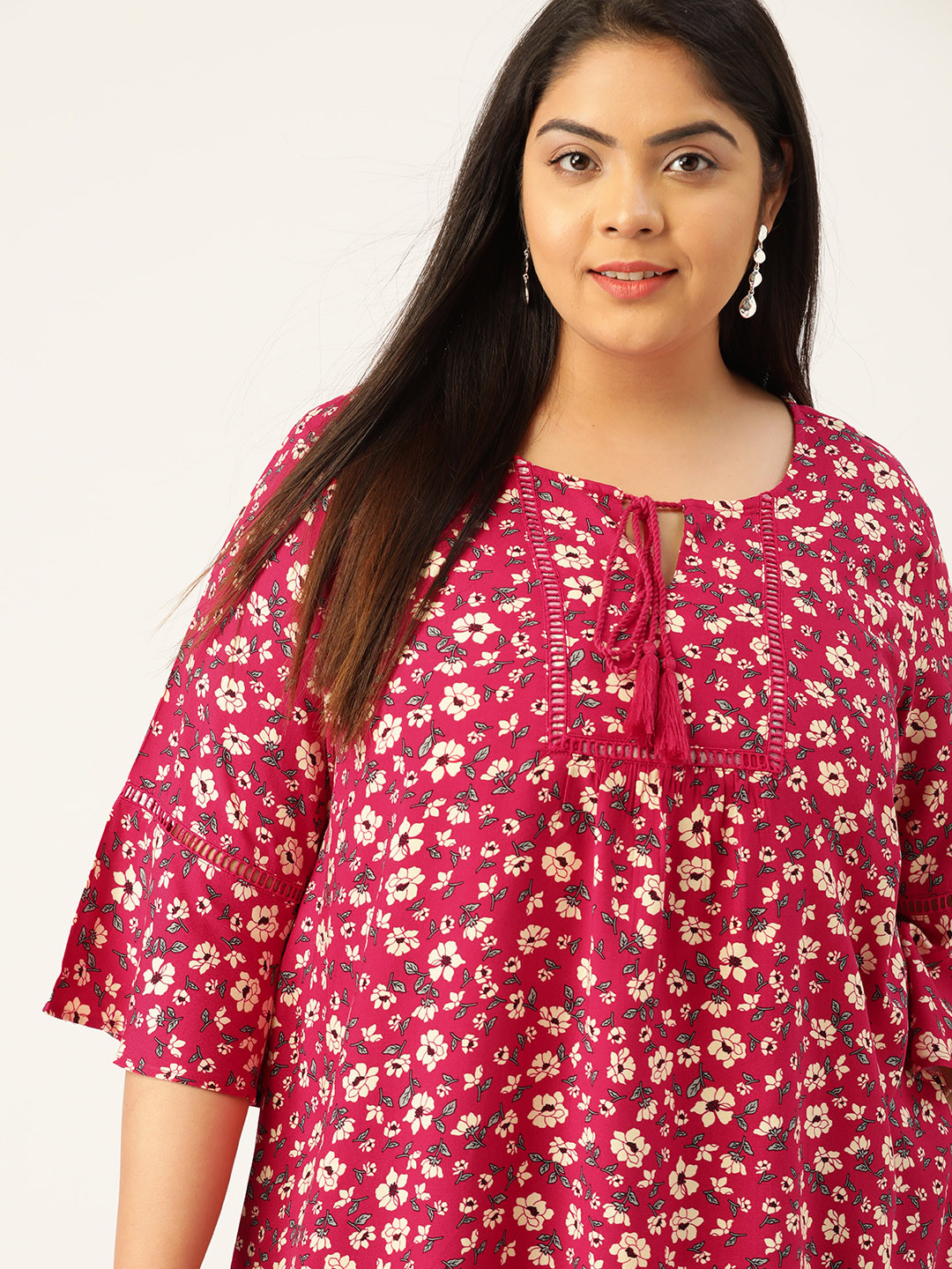 Sztori Women Plus Size Magenta & Cream-Coloured Floral Print Top