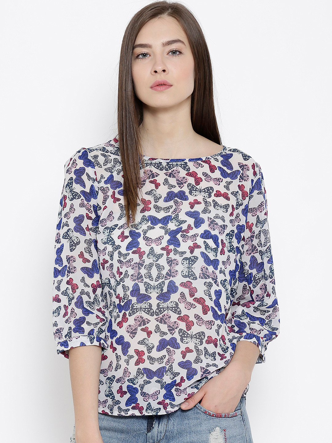 Sera Off-White & Blue Butterfly Print Sheer Top