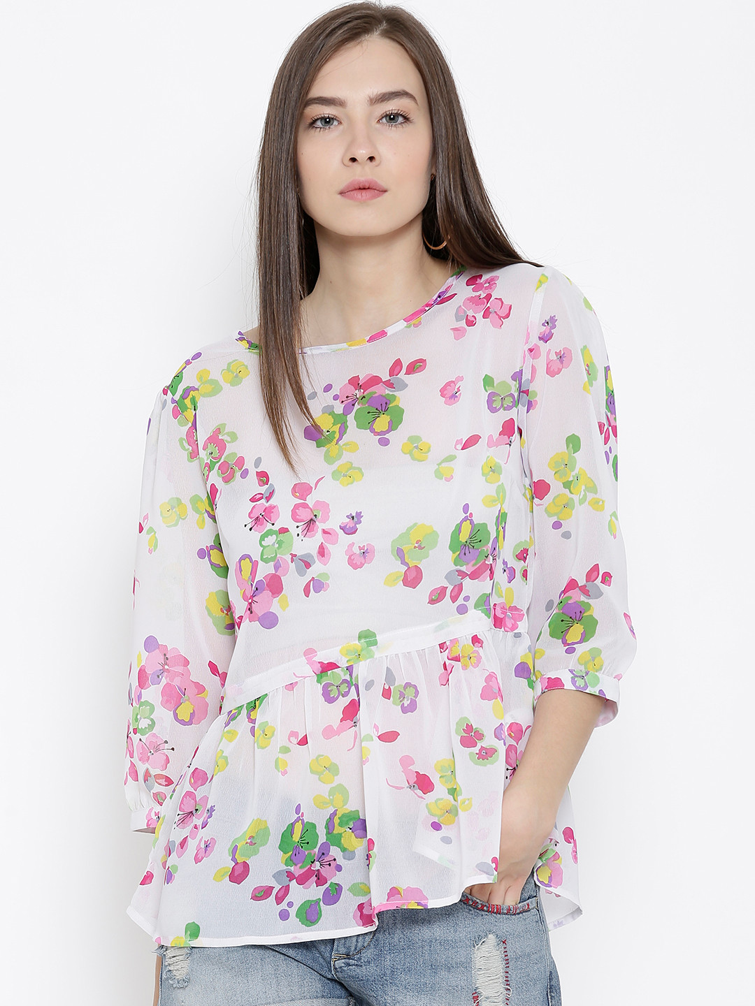 Sera Off-White Floral Print Sheer Top
