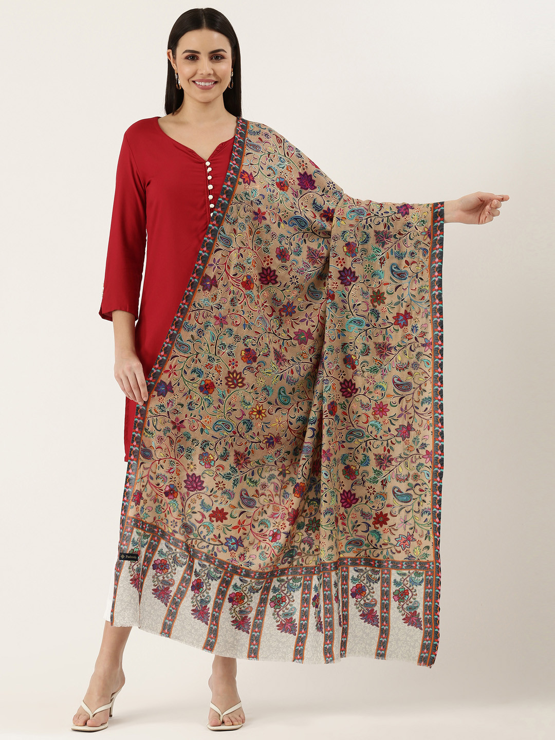 Pashmoda Women Beige & Maroon Aari Embroidered Kalamkari Woolen Shawl