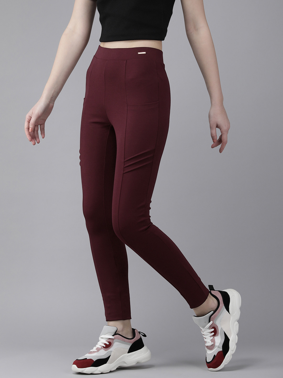 Van Heusen Athleisure Women Tawny Port 4 Way Stretch Functional Pocket Treggings