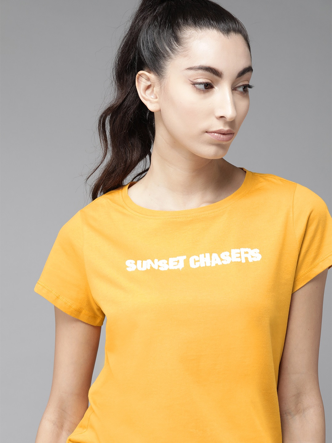 The Roadster Lifestyle Co Women Mustard Yellow Printed Pure Cotton Round Neck T-shirt