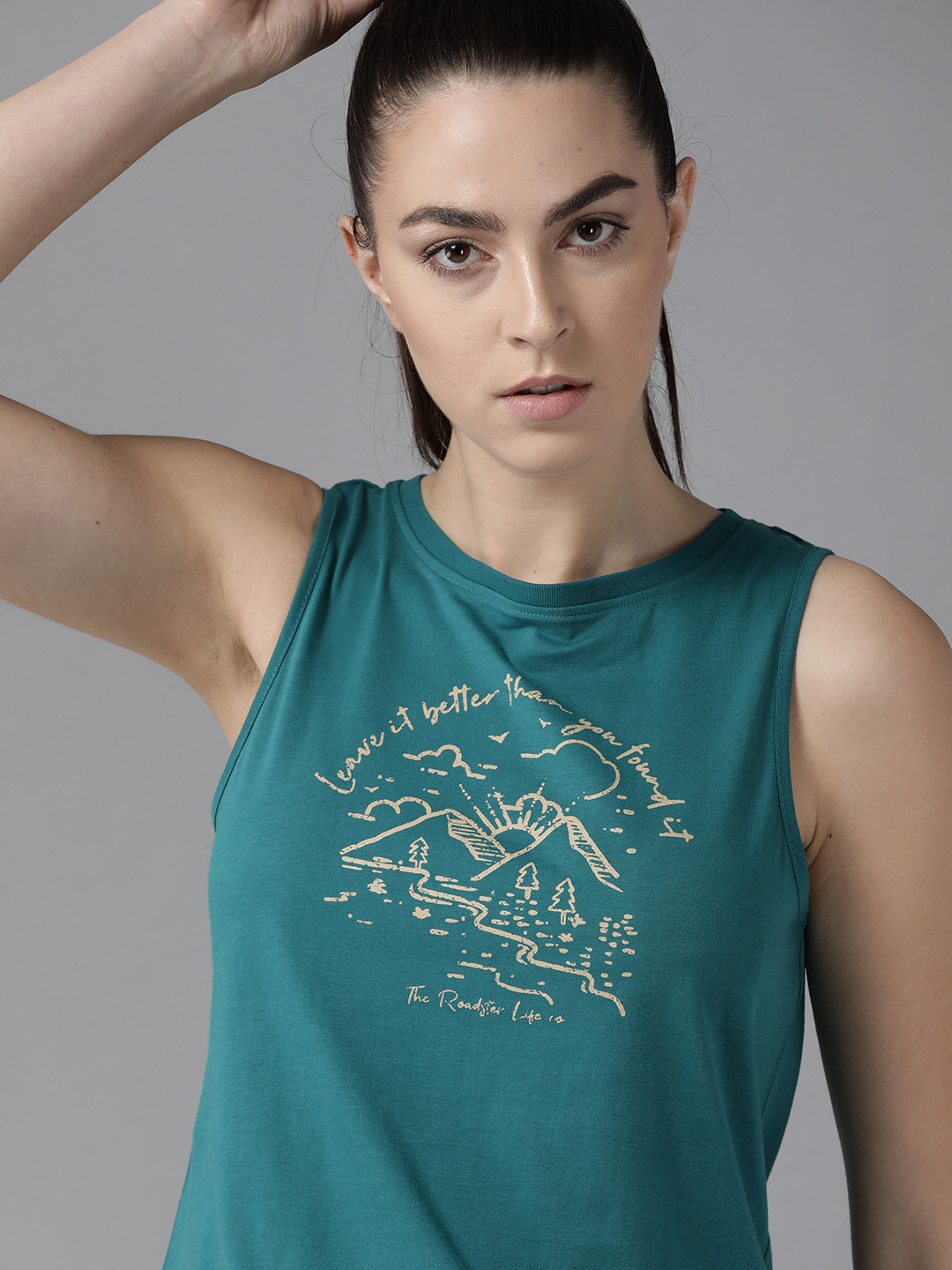The Roadster Lifestyle Co Women Teal Green  Cotton Printed Round Neck  Cotton T-shirt