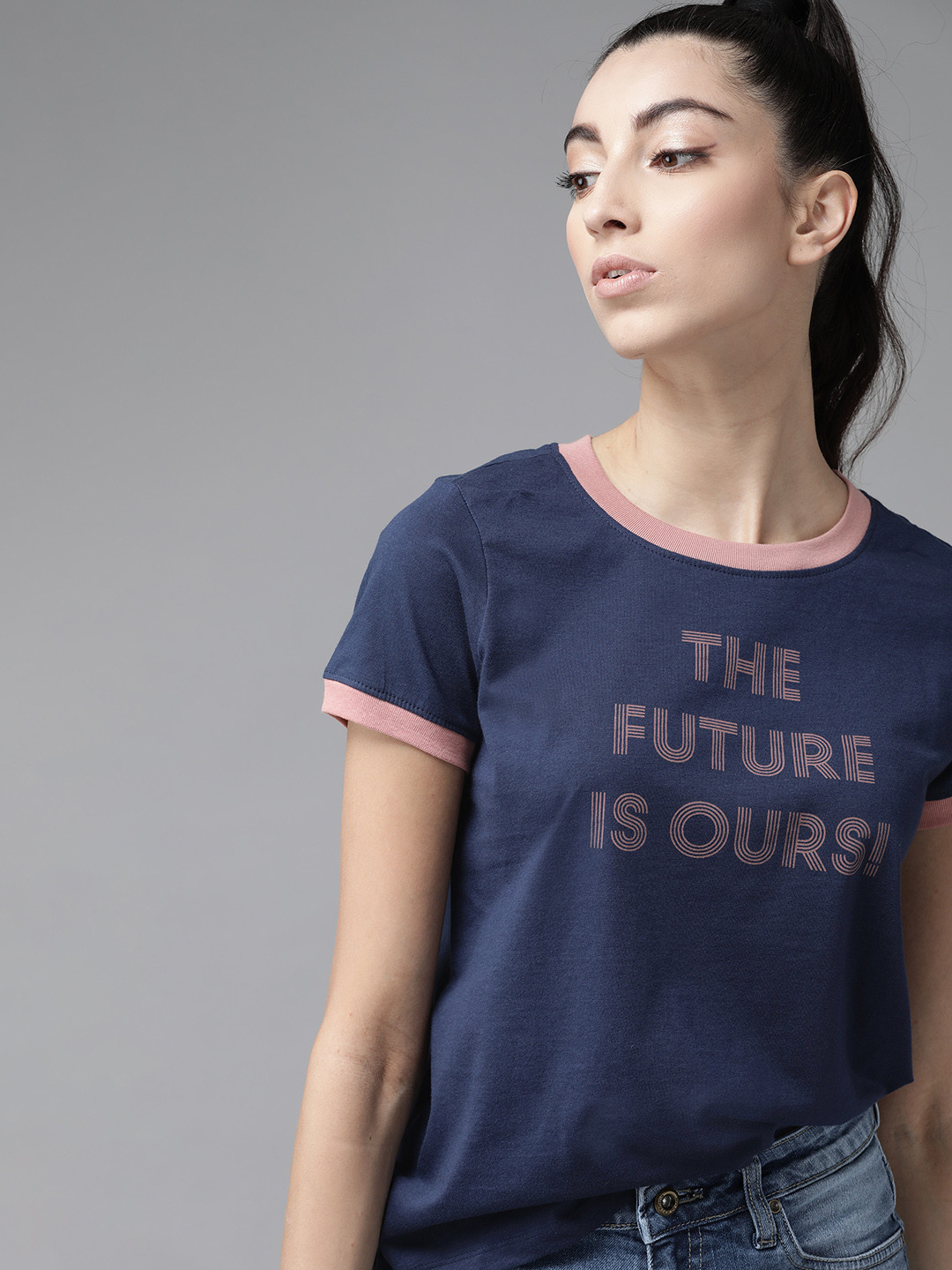 The Roadster Lifestyle Co Women Navy Blue Cotton Printed Round Neck Cotton T-shirt