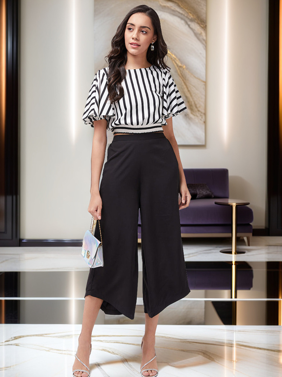 Zima Leto Women Black & White Striped Clothing Set