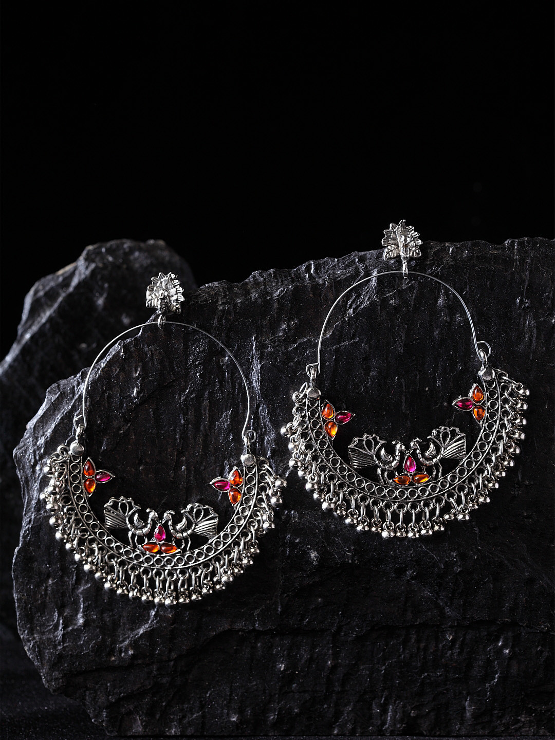 PANASH Silver-Toned & Pink Crescent Shaped Chandbalis
