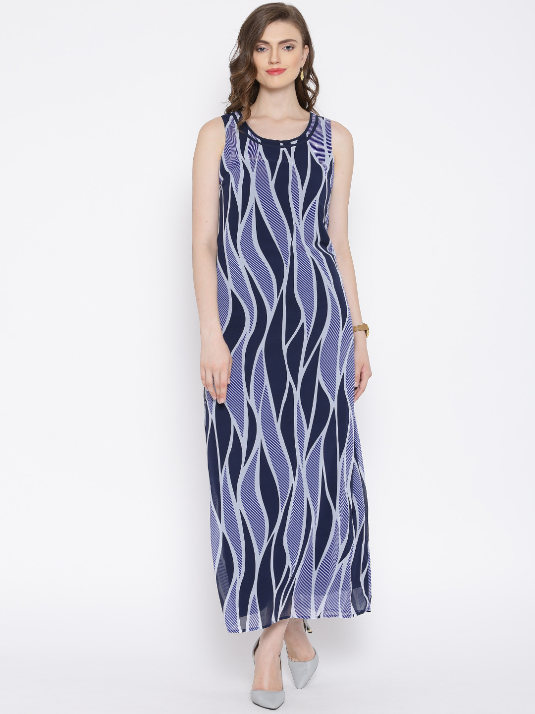 Vero Moda Blue & Grey Printed Maxi Dress