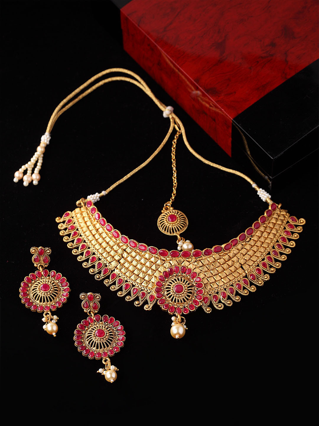PANASH Gold-Plated Red Stone-Studded Sustainable Handcrafted Jewellery Set