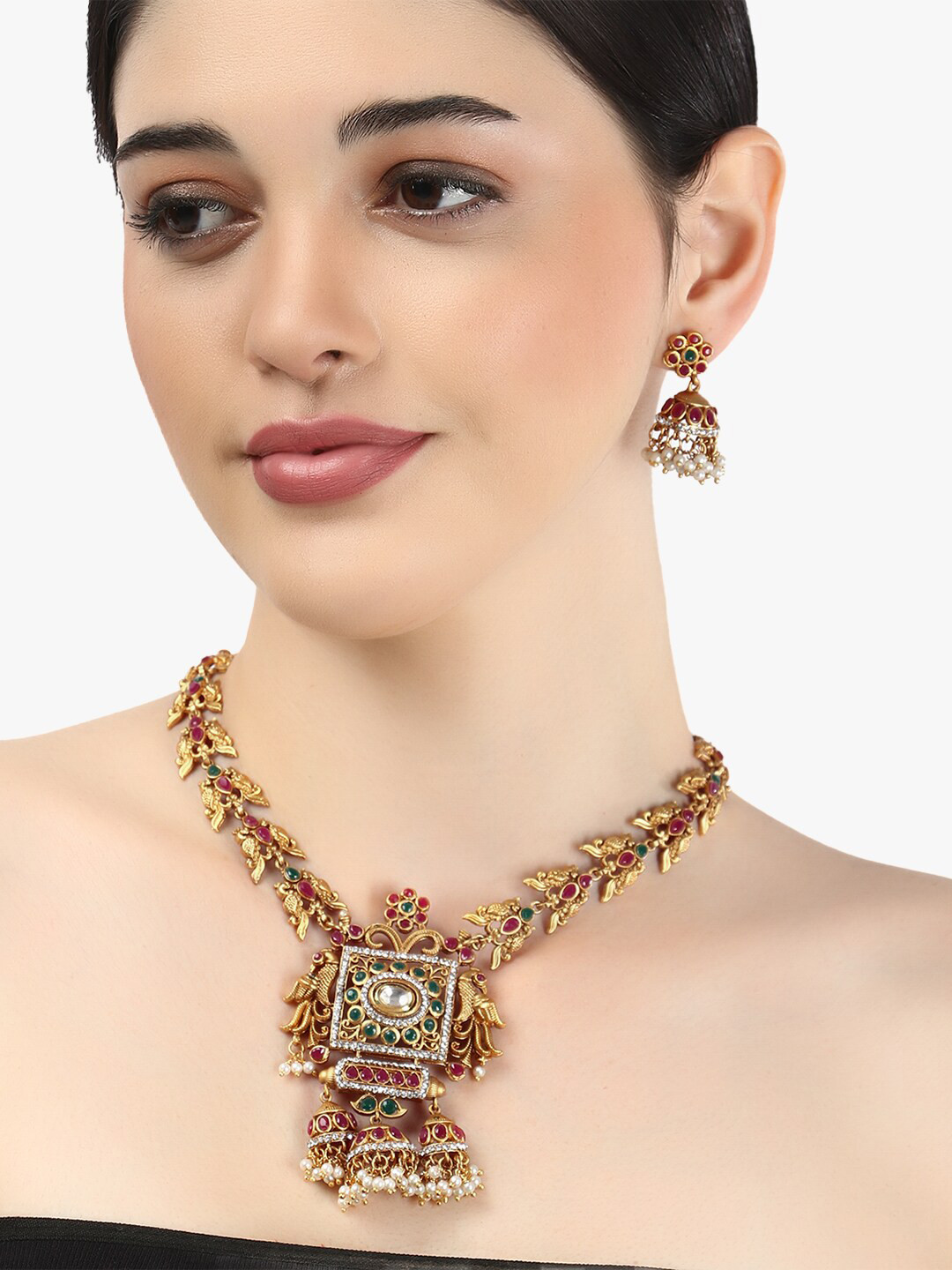 Adwitiya Collection 24 K Gold-Plated & Magenta Studded Antique Jewellery Set