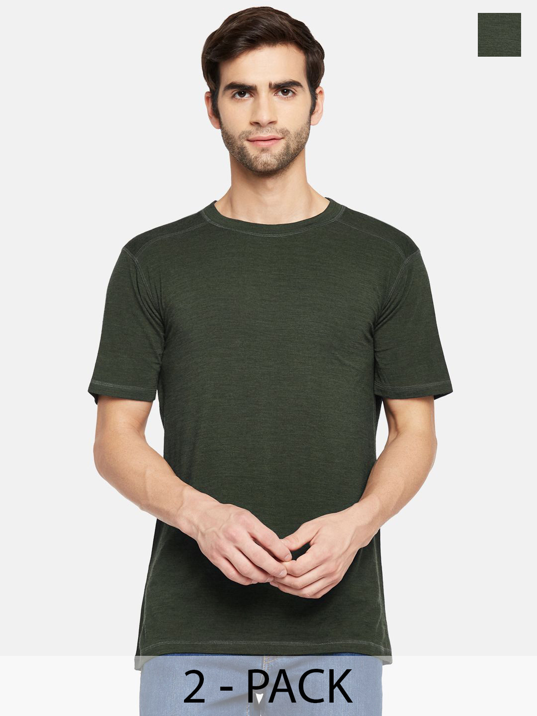 Kosha Men's Pack Of 2 Olive Green Merino Wool & Bamboo Heat Retention Thermal Top