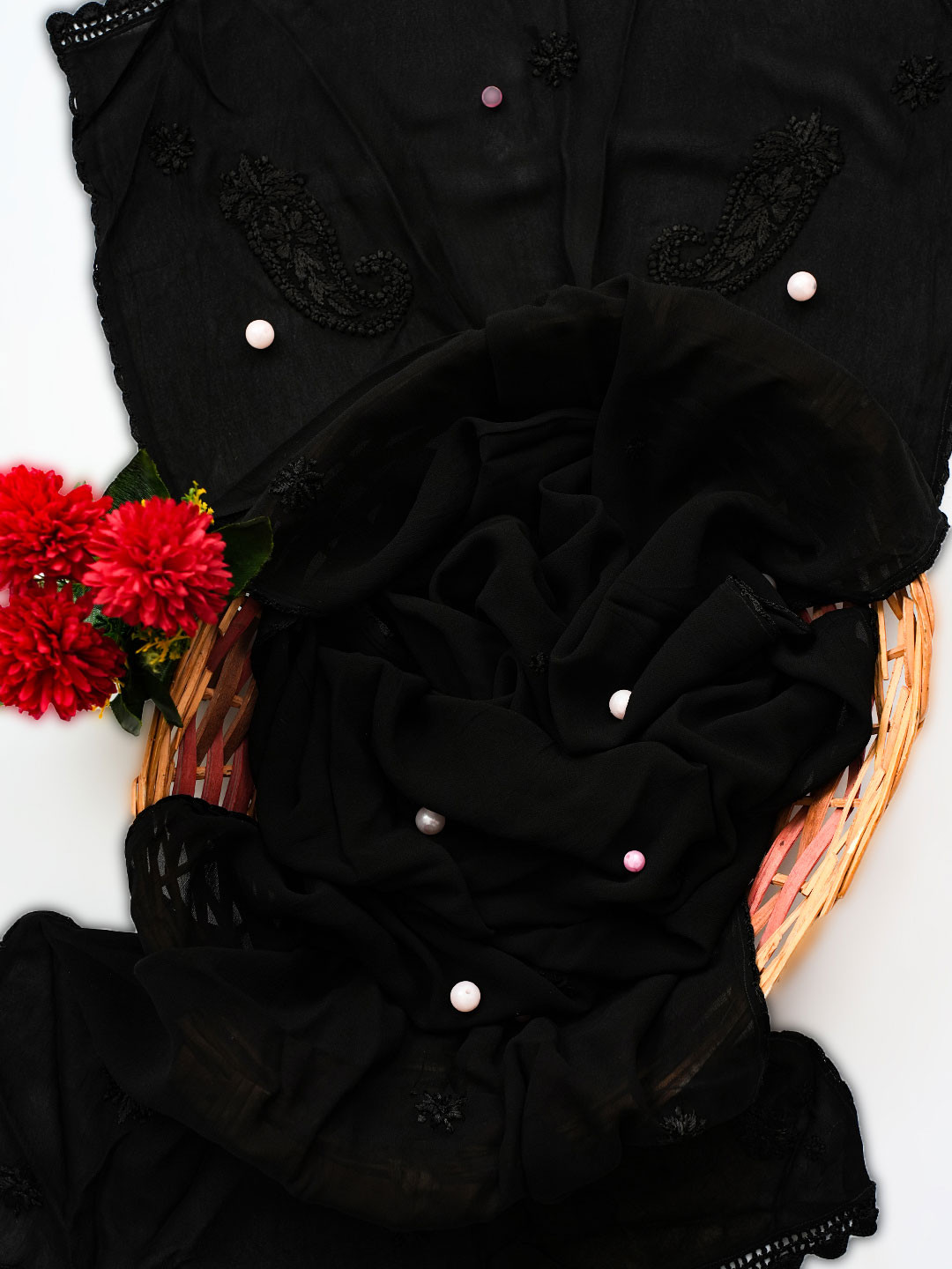 ADA Women Black Floral Chikankari Hand Embroidered Handloom Dupatta