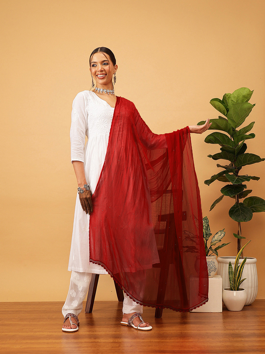 ADA Red Mukaish Hand Embroidered Dupatta