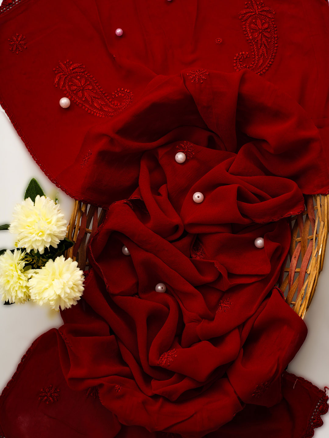 ADA Red Chikankari Paisley Hand Embroidered Handloom Dupatta